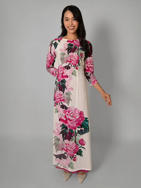 Pink Print Chiffon Aodai Vietnamese Dress