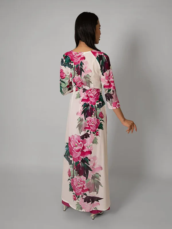 Pink Print Chiffon Aodai Vietnamese Dress