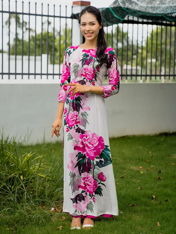 Pink Print Chiffon Aodai Vietnamese Dress