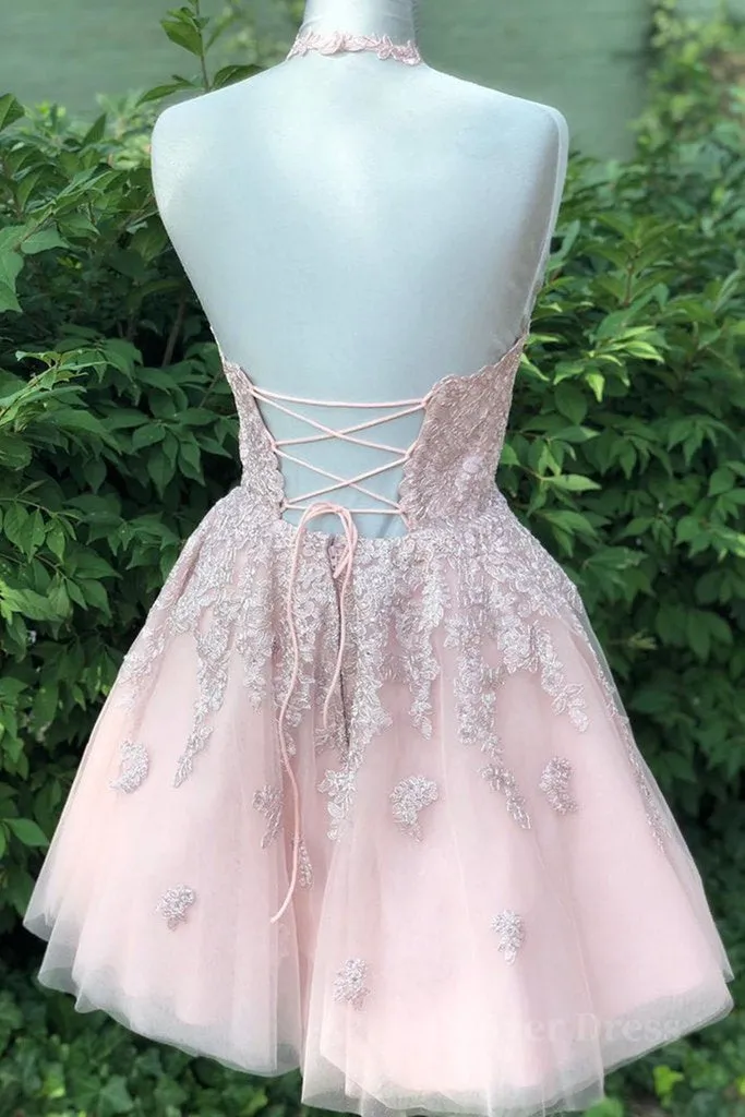 Pink tulle lace short prom dress pink tulle lace homecoming dress