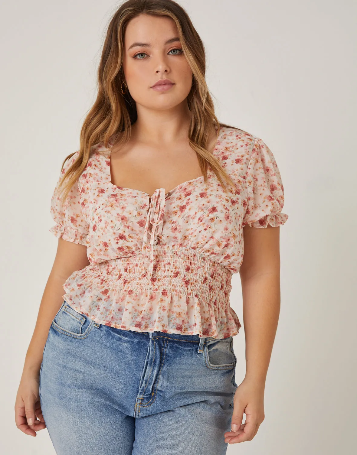 Plus Size Lace Up Chiffon Floral Top