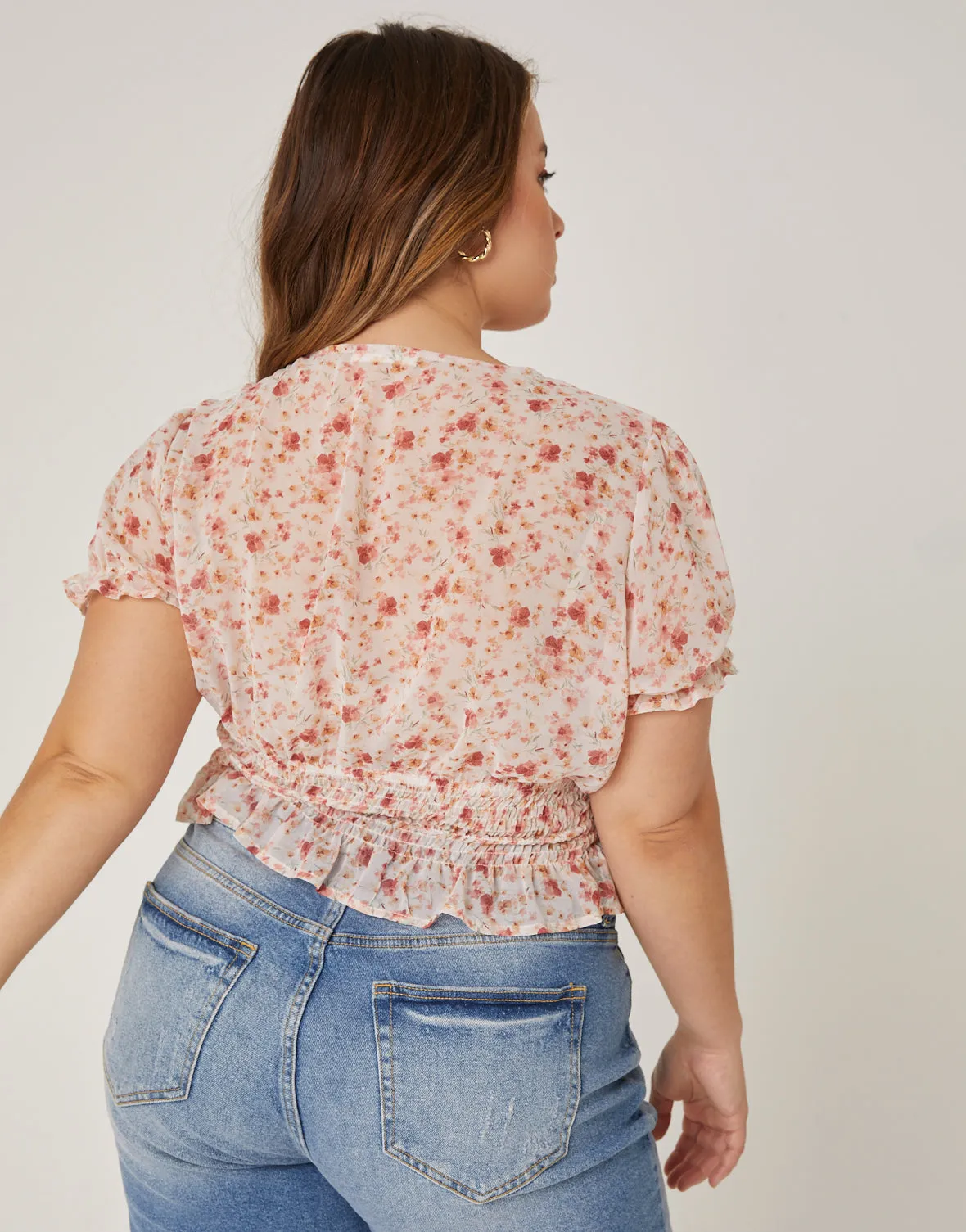 Plus Size Lace Up Chiffon Floral Top