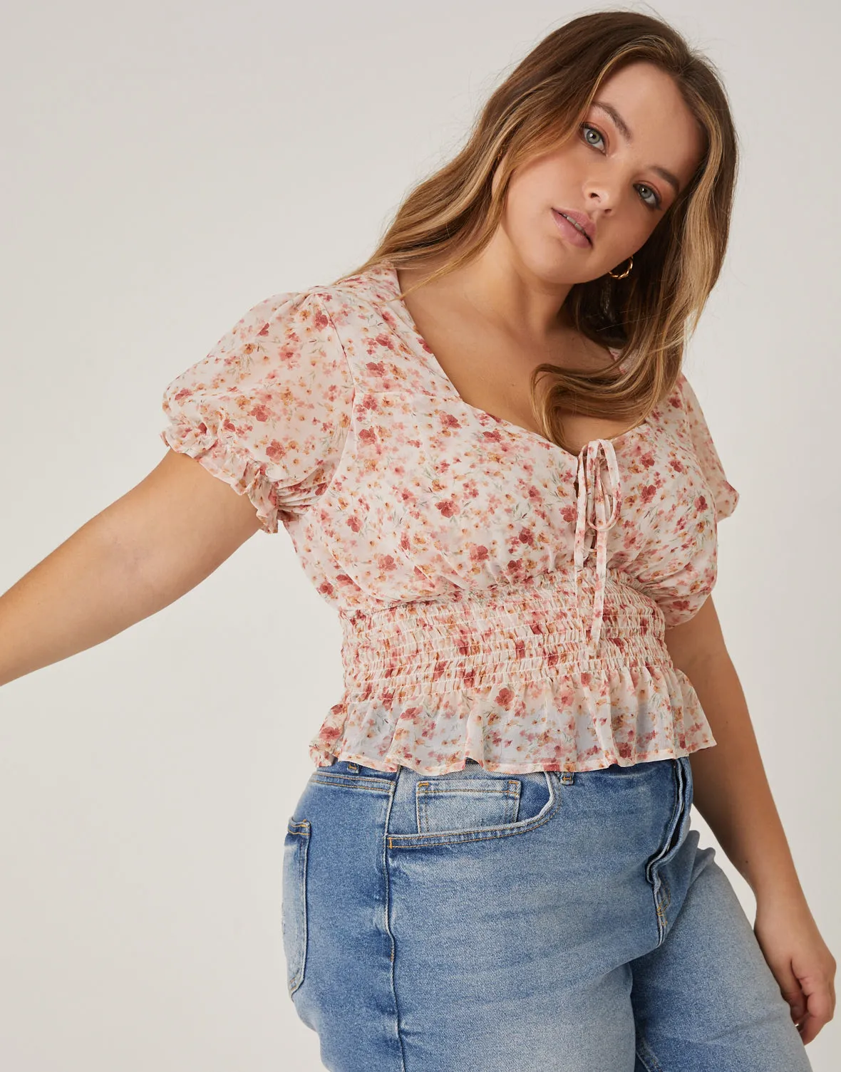 Plus Size Lace Up Chiffon Floral Top