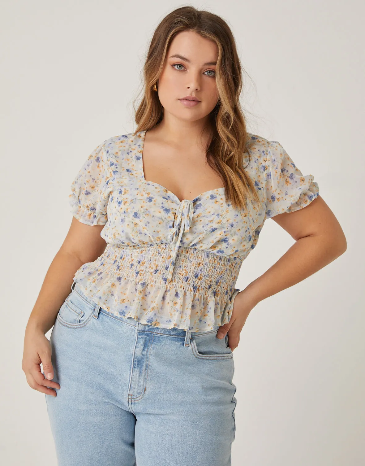 Plus Size Lace Up Chiffon Floral Top