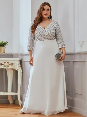 Plus Size Sequin Bodice Long Sleeves Flowy White Wedding Dress