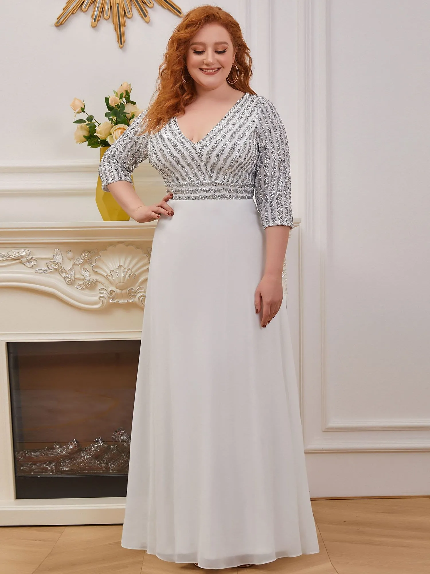 Plus Size Sequin Bodice Long Sleeves Flowy White Wedding Dress