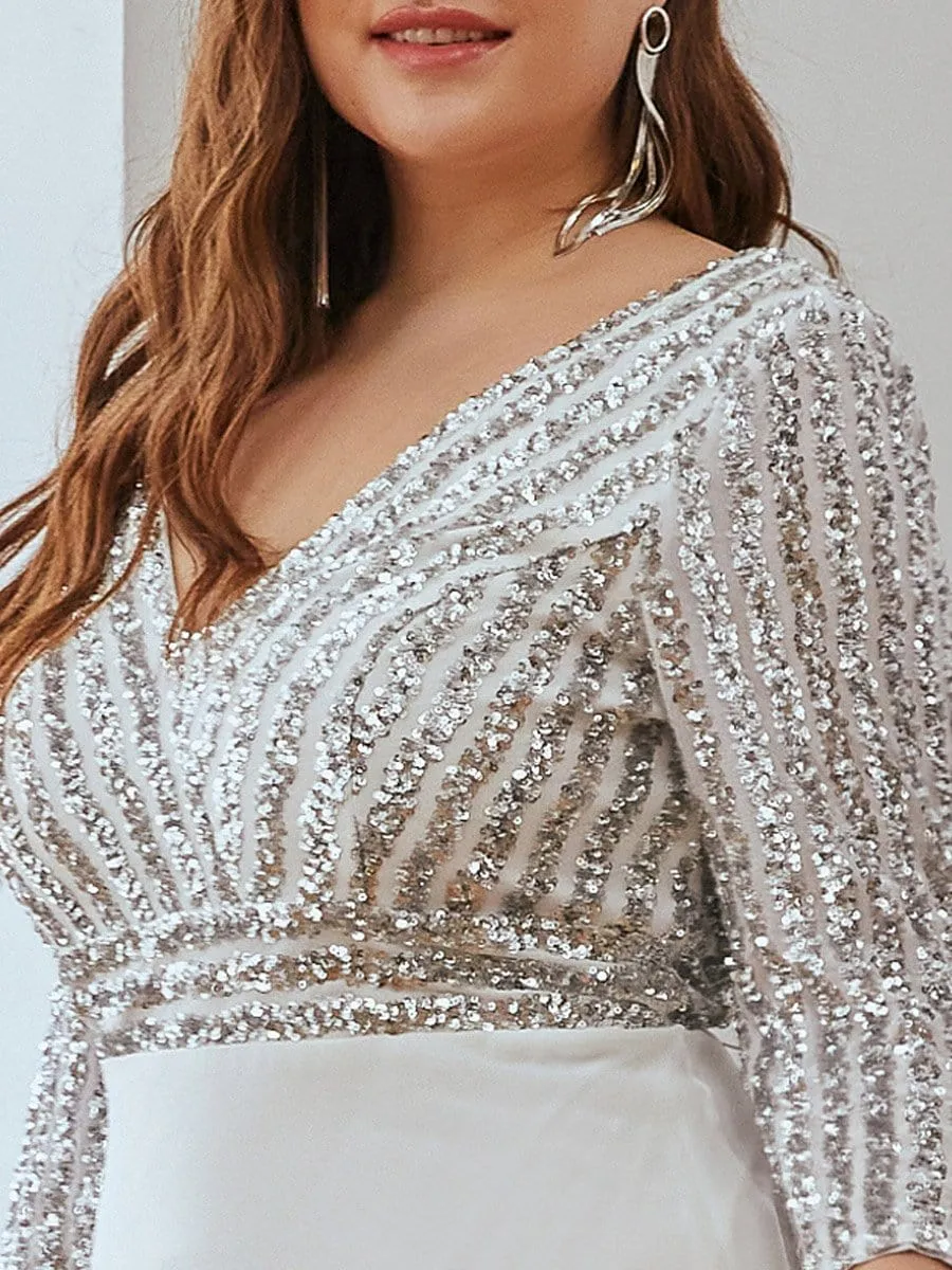 Plus Size Sequin Bodice Long Sleeves Flowy White Wedding Dress