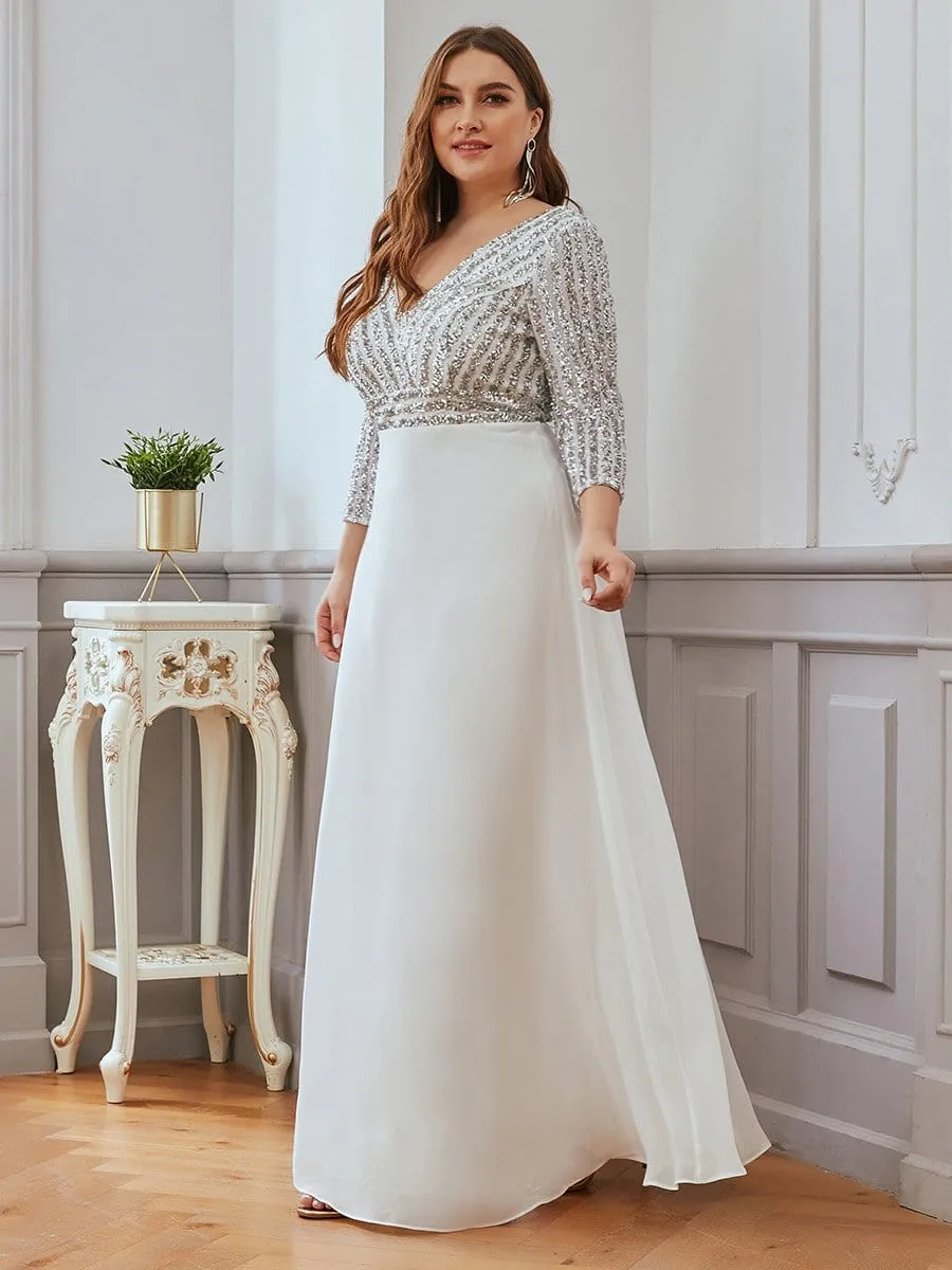 Plus Size Sequin Bodice Long Sleeves Flowy White Wedding Dress