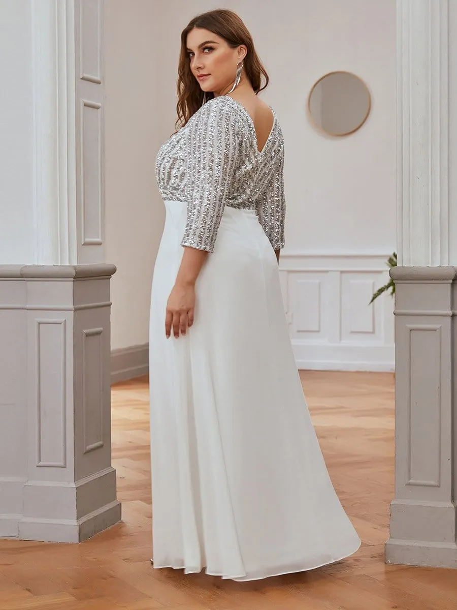 Plus Size Sequin Bodice Long Sleeves Flowy White Wedding Dress