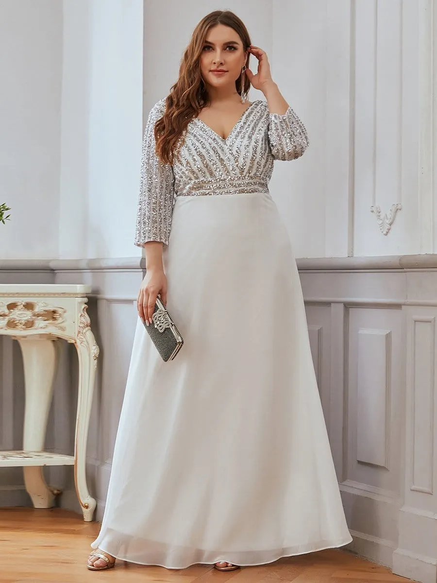 Plus Size Sequin Bodice Long Sleeves Flowy White Wedding Dress