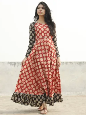 Red Black Ivory Sea Green Long Hand Block Cotton Dress With Frill  - D06F1070