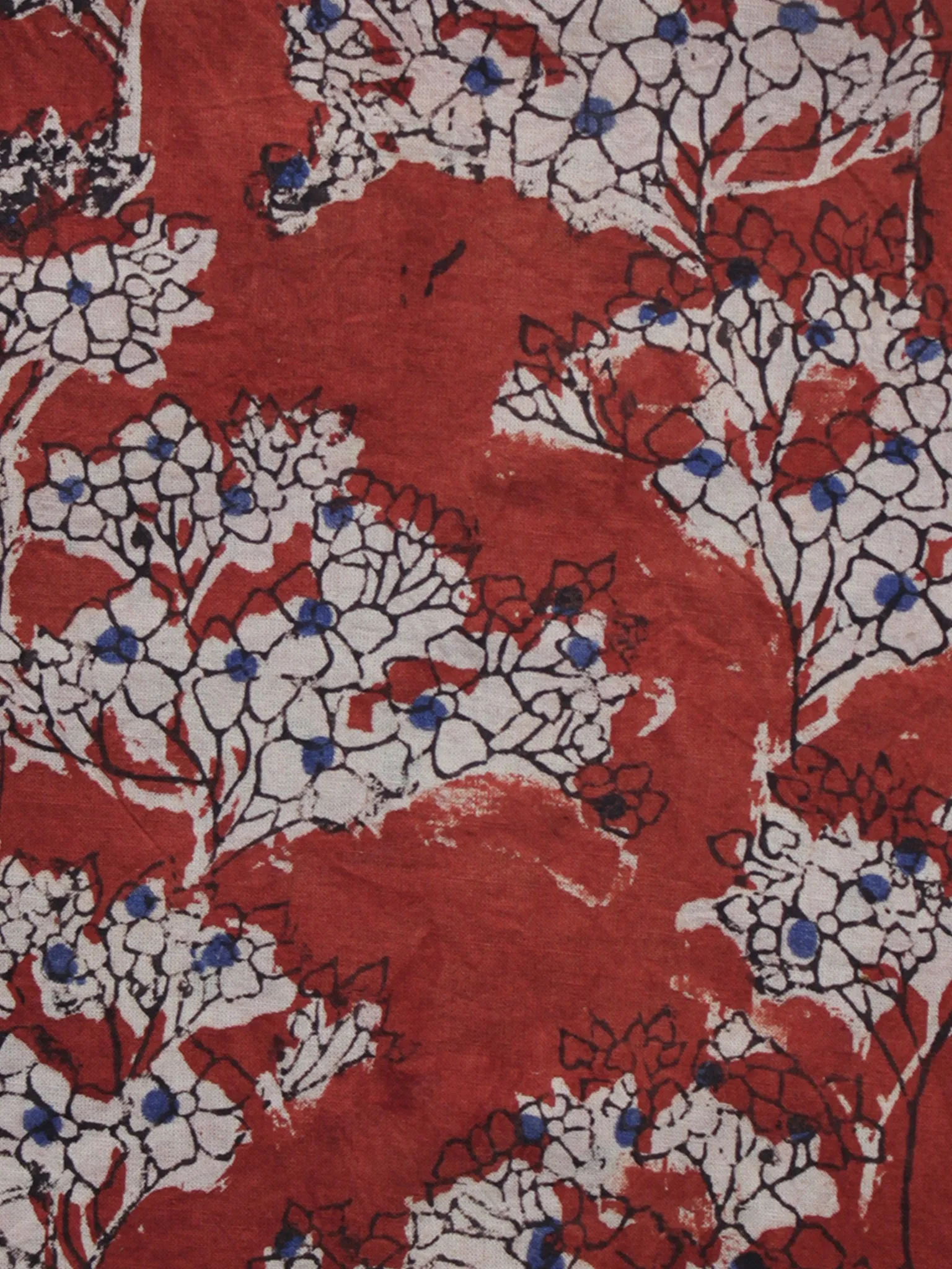 Red Ivory Blue Hand Block Printed Cotton Fabric Per Meter - F003F1306