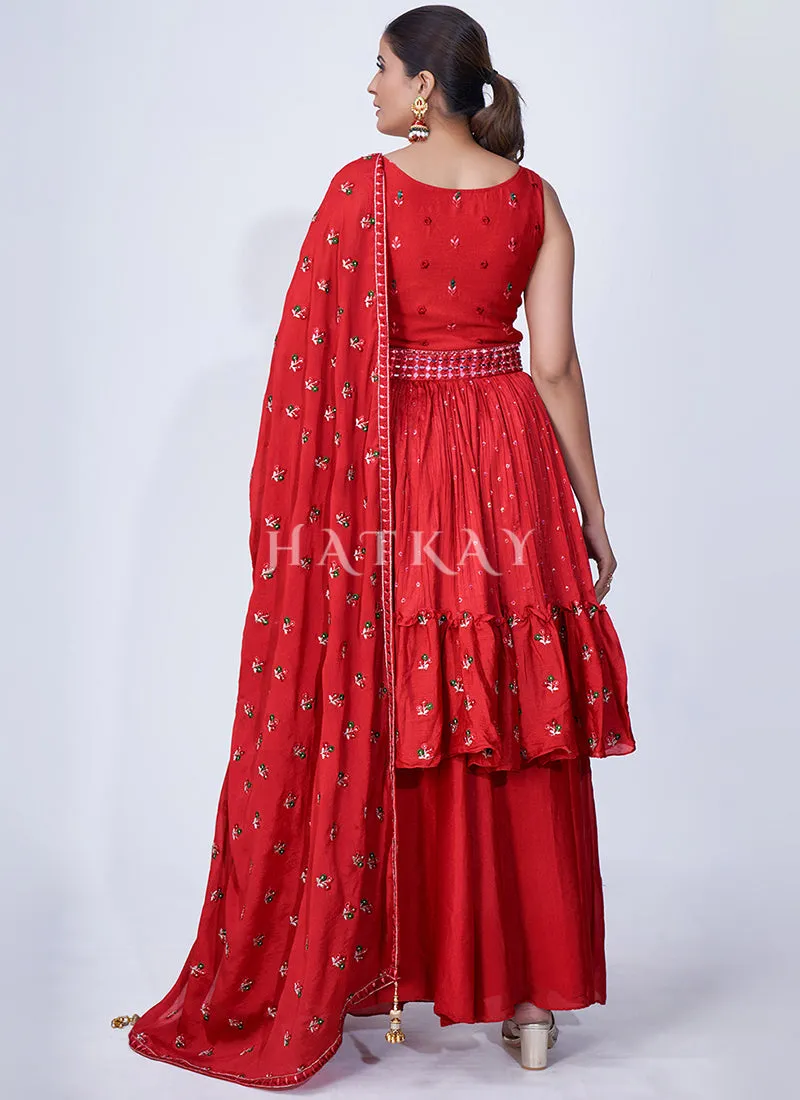 Red Mirror Work Multi Embroidery Chiffon Palazzo Suit