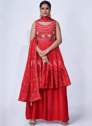 Red Mirror Work Multi Embroidery Chiffon Palazzo Suit