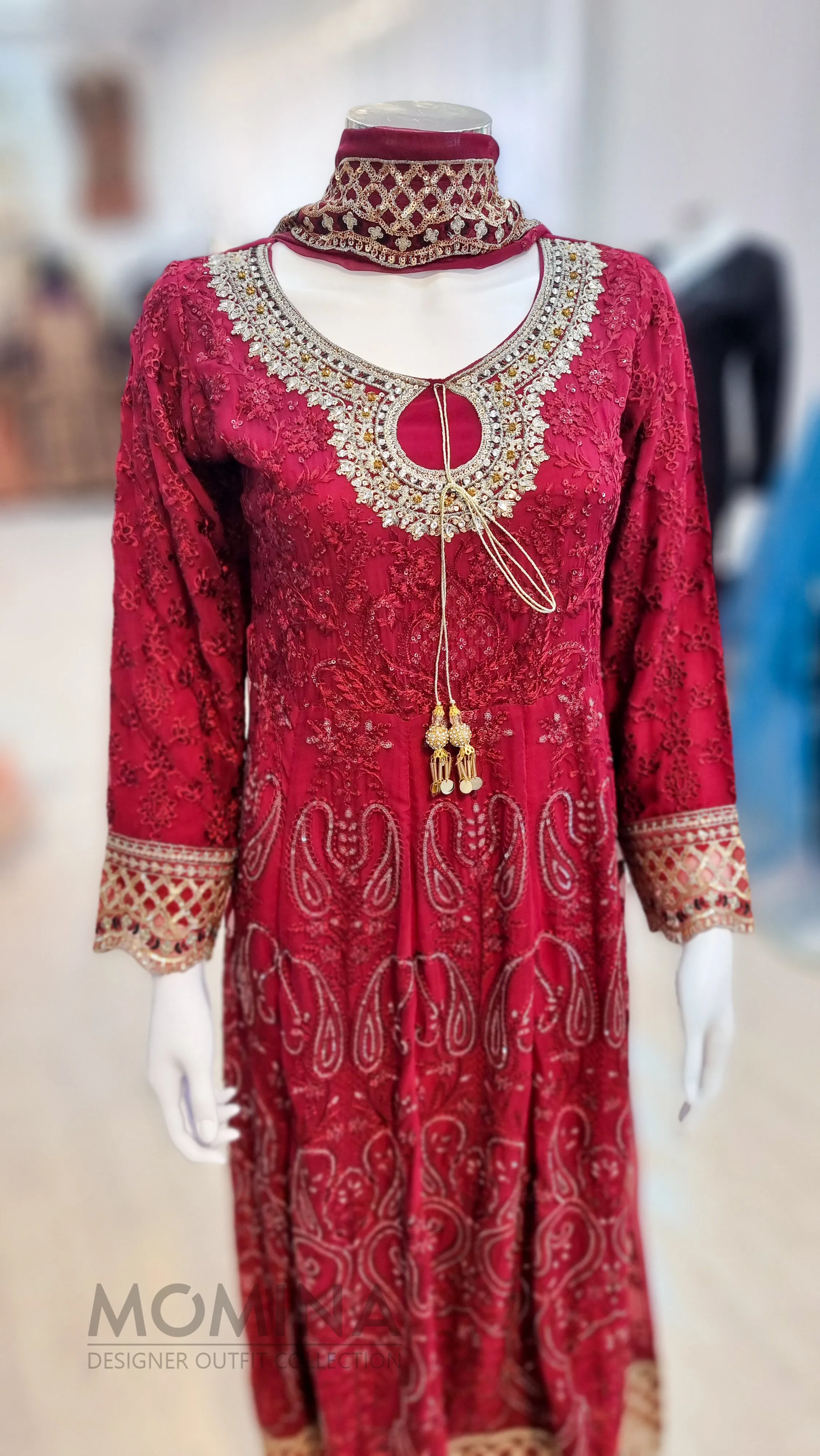 RMAW Maroon Chiffon Embroidered Long Dress Suit