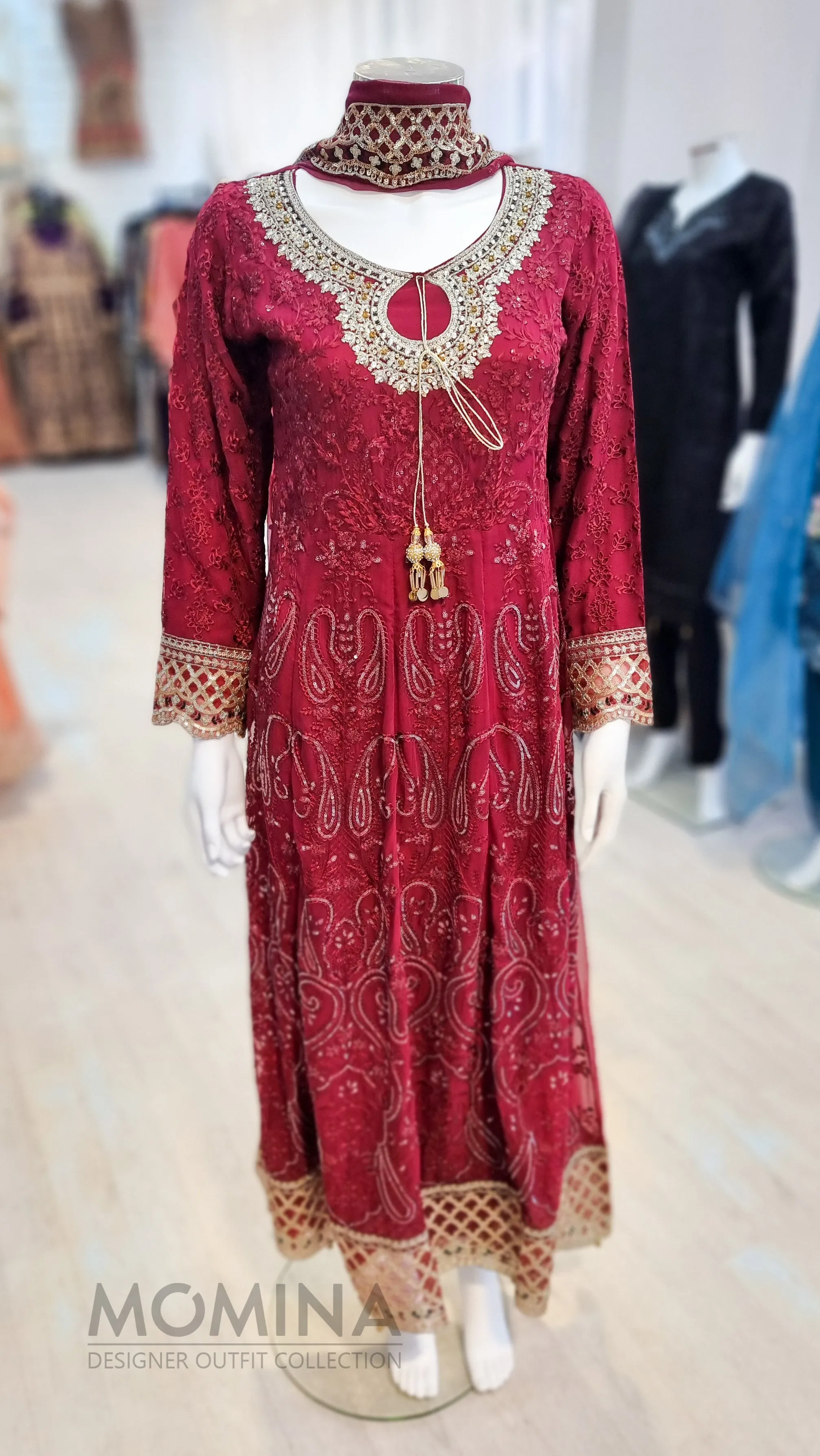 RMAW Maroon Chiffon Embroidered Long Dress Suit