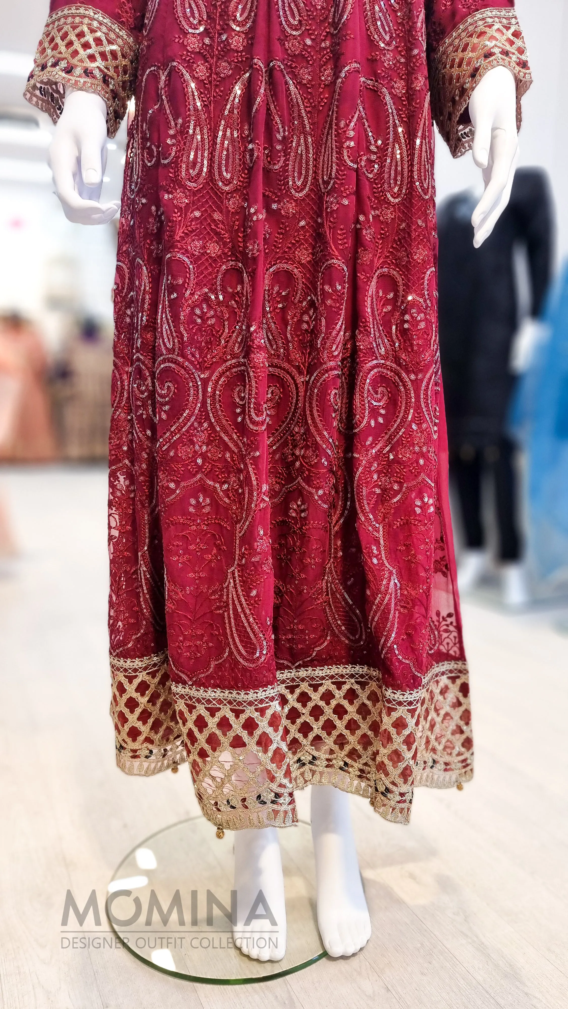 RMAW Maroon Chiffon Embroidered Long Dress Suit