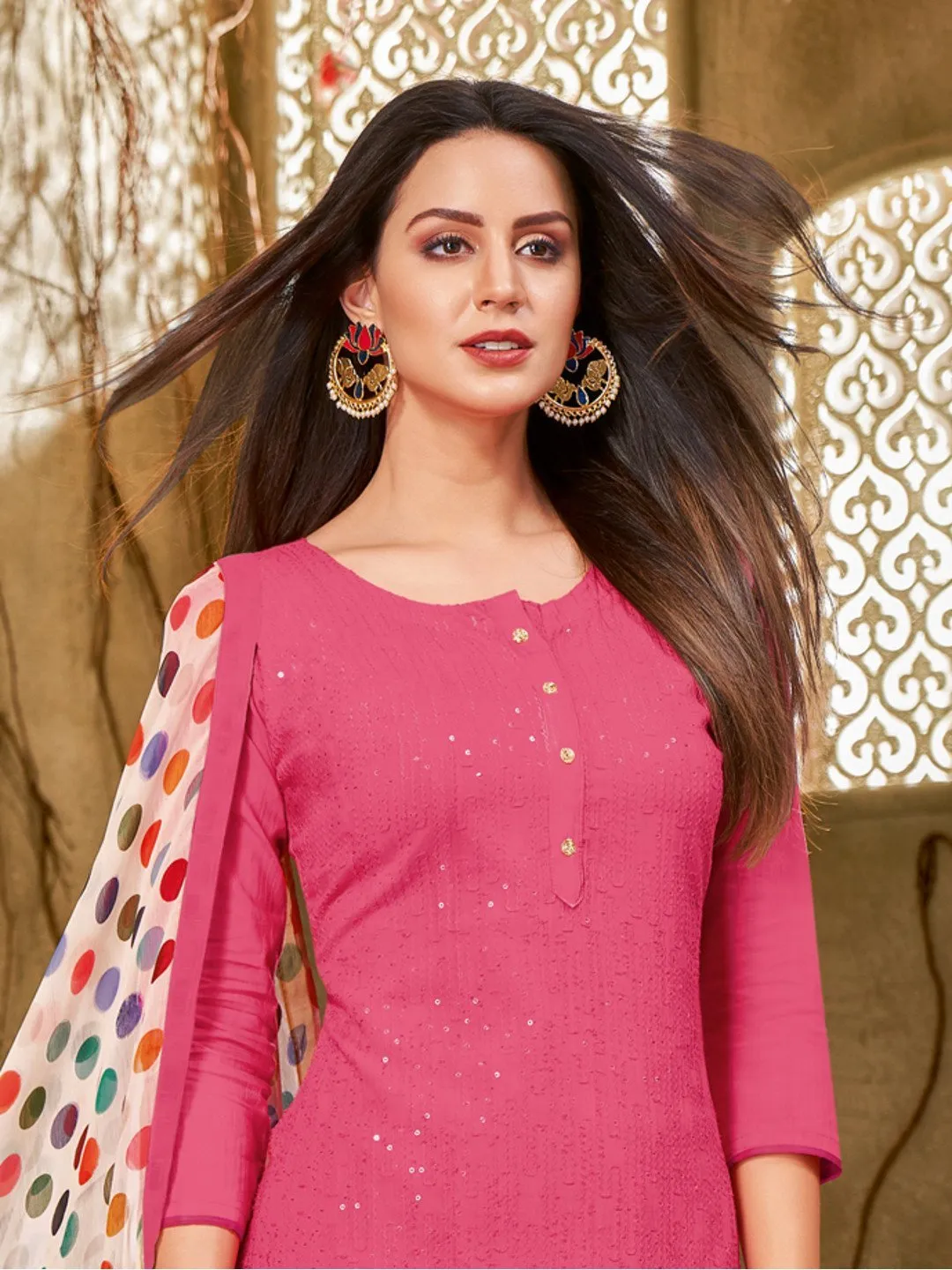 Sequins work Pink Cotton Un-Stitched Suit with Printed Dupatta