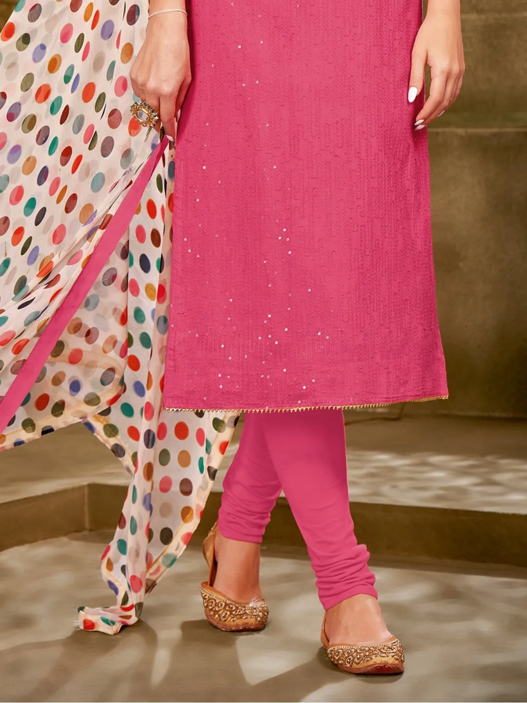 Sequins work Pink Cotton Un-Stitched Suit with Printed Dupatta