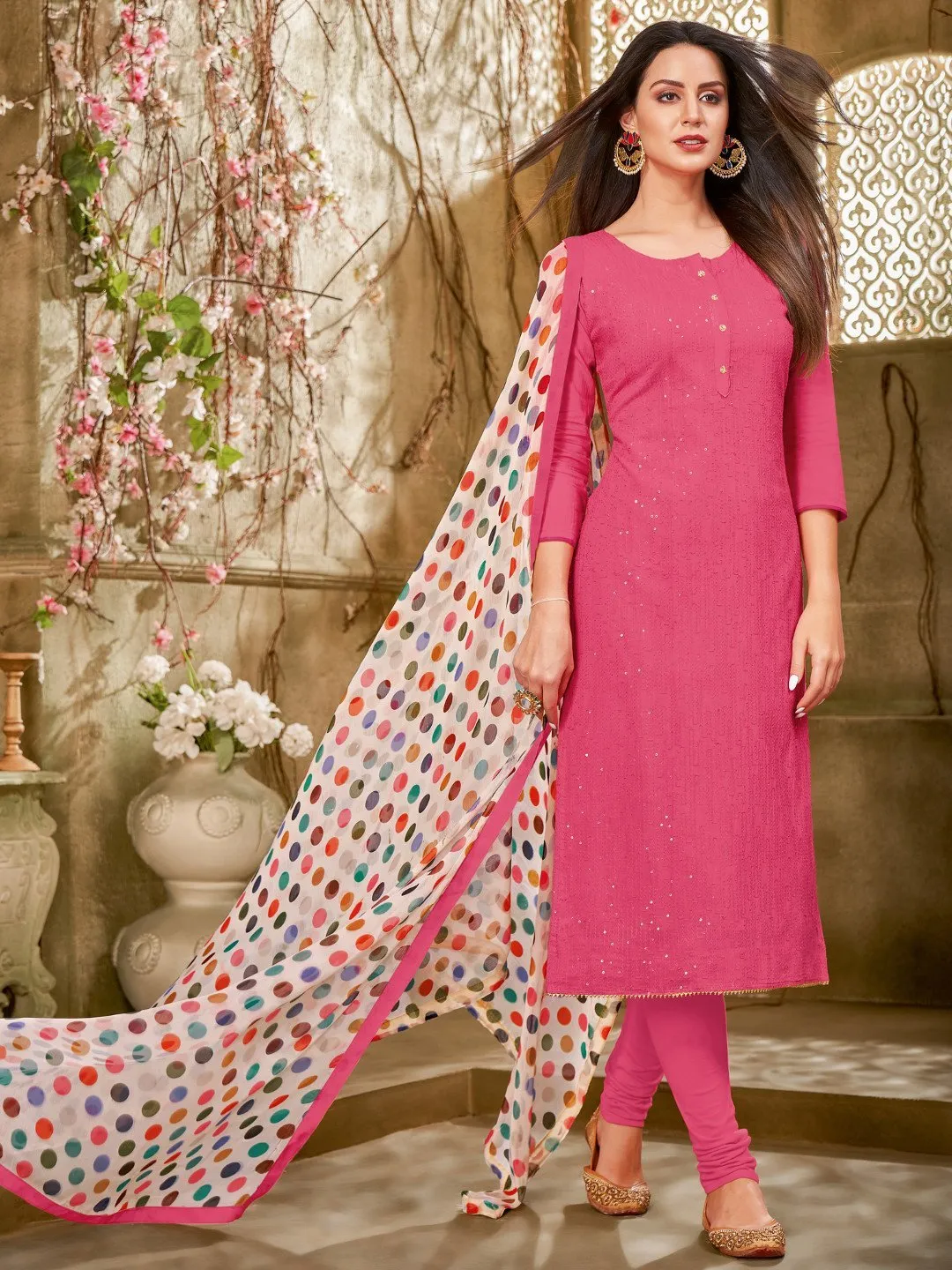 Sequins work Pink Cotton Un-Stitched Suit with Printed Dupatta