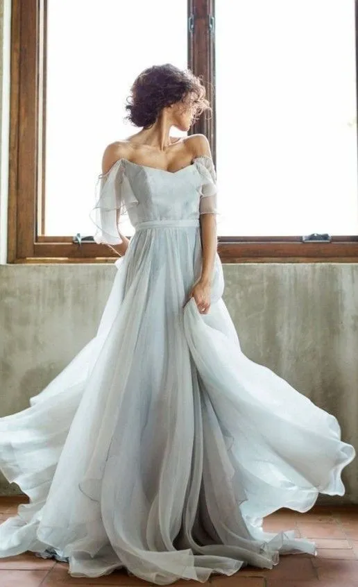 Simple A Line Off The Shoulder Chiffon Wedding Dress