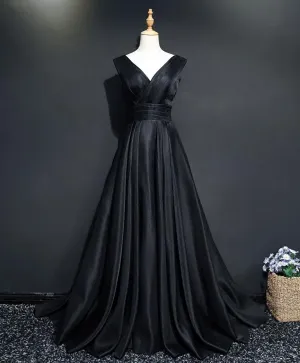 Simple Black V Neck Long Prom Dress, Black Evening Dress