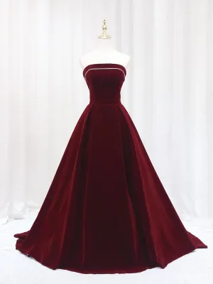 Simple Burgundy Velvet Strapless Prom Dress