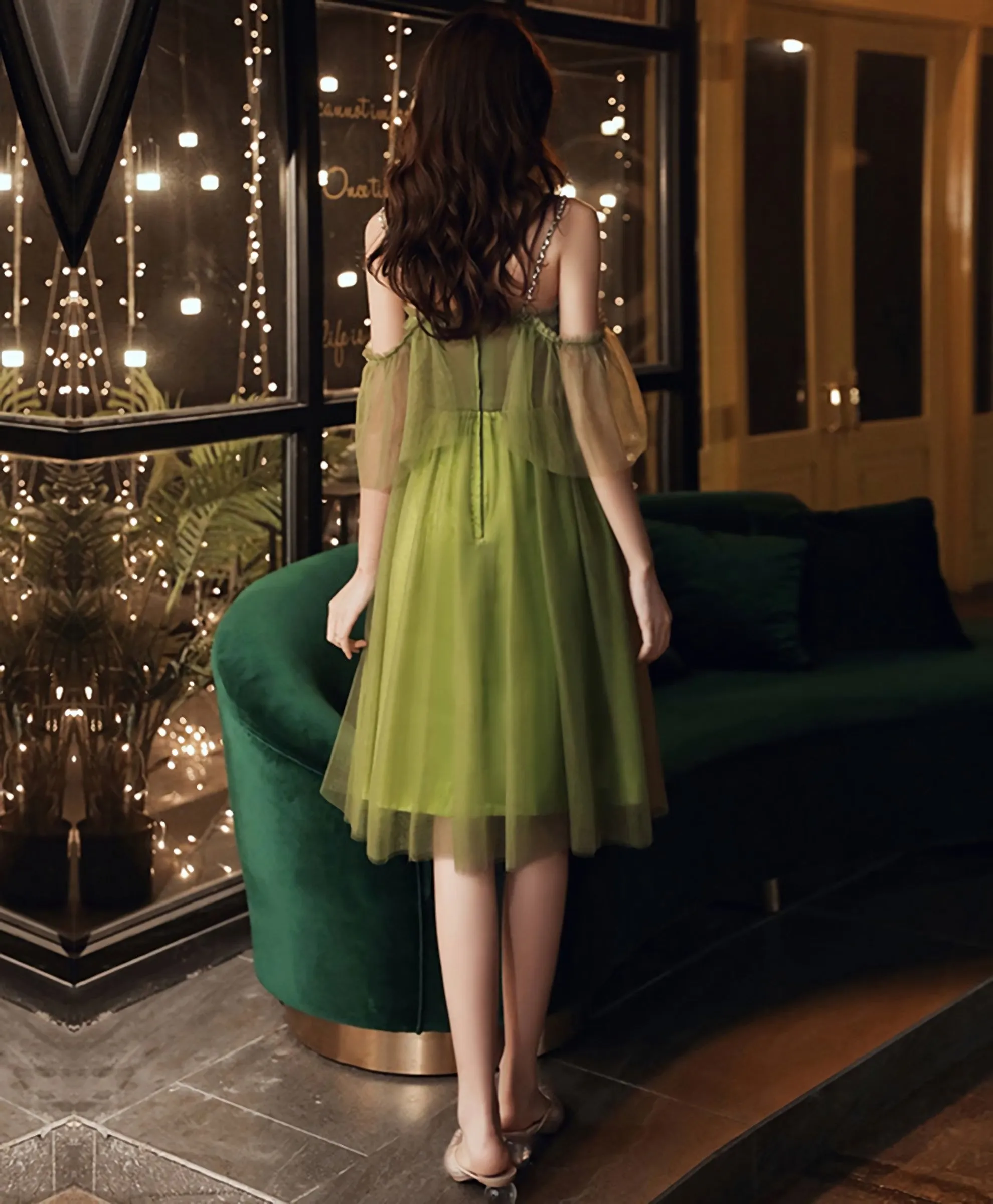 Simple Green Tulle Short Prom Dress Green Evening Dress