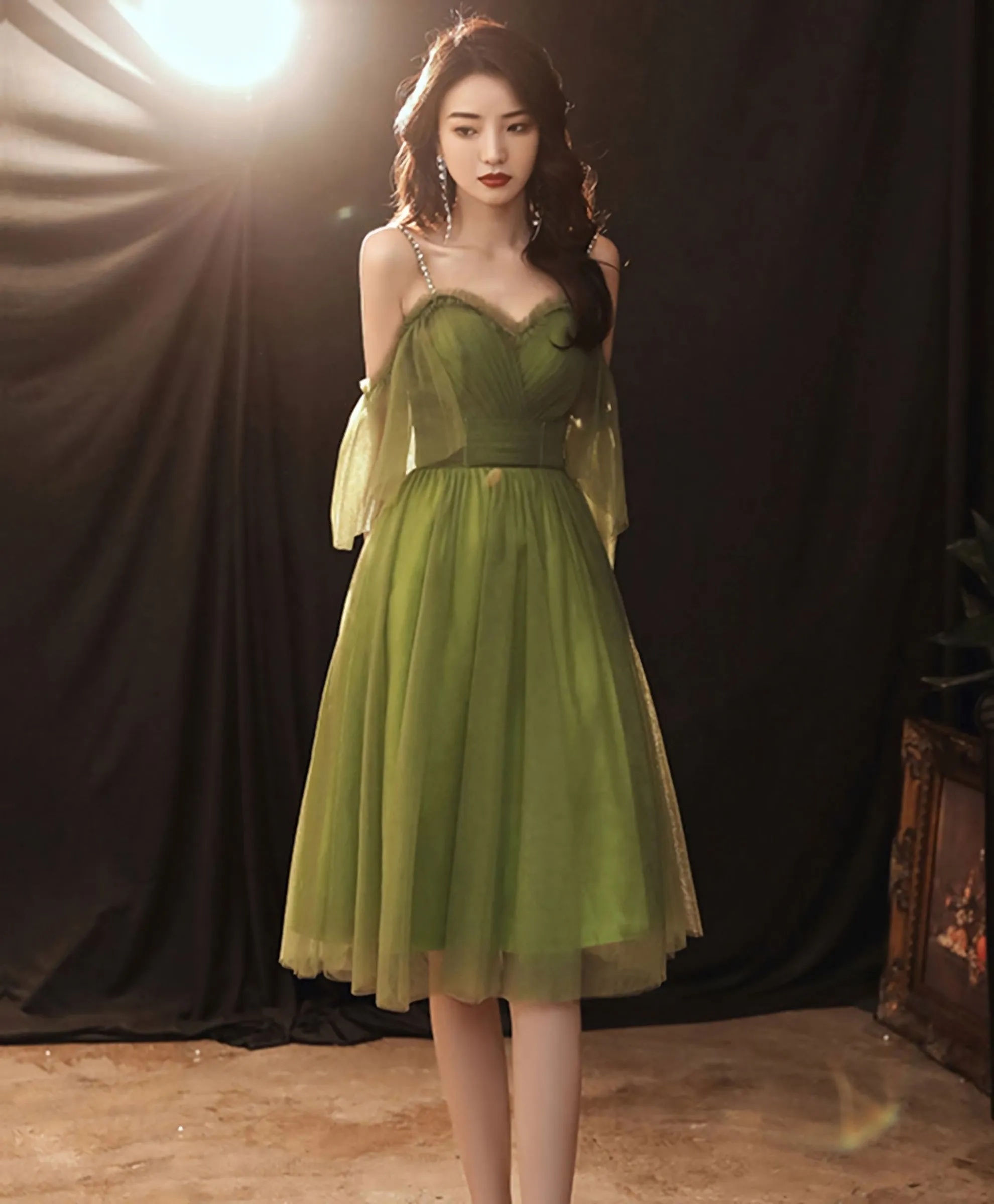 Simple Green Tulle Short Prom Dress Green Evening Dress