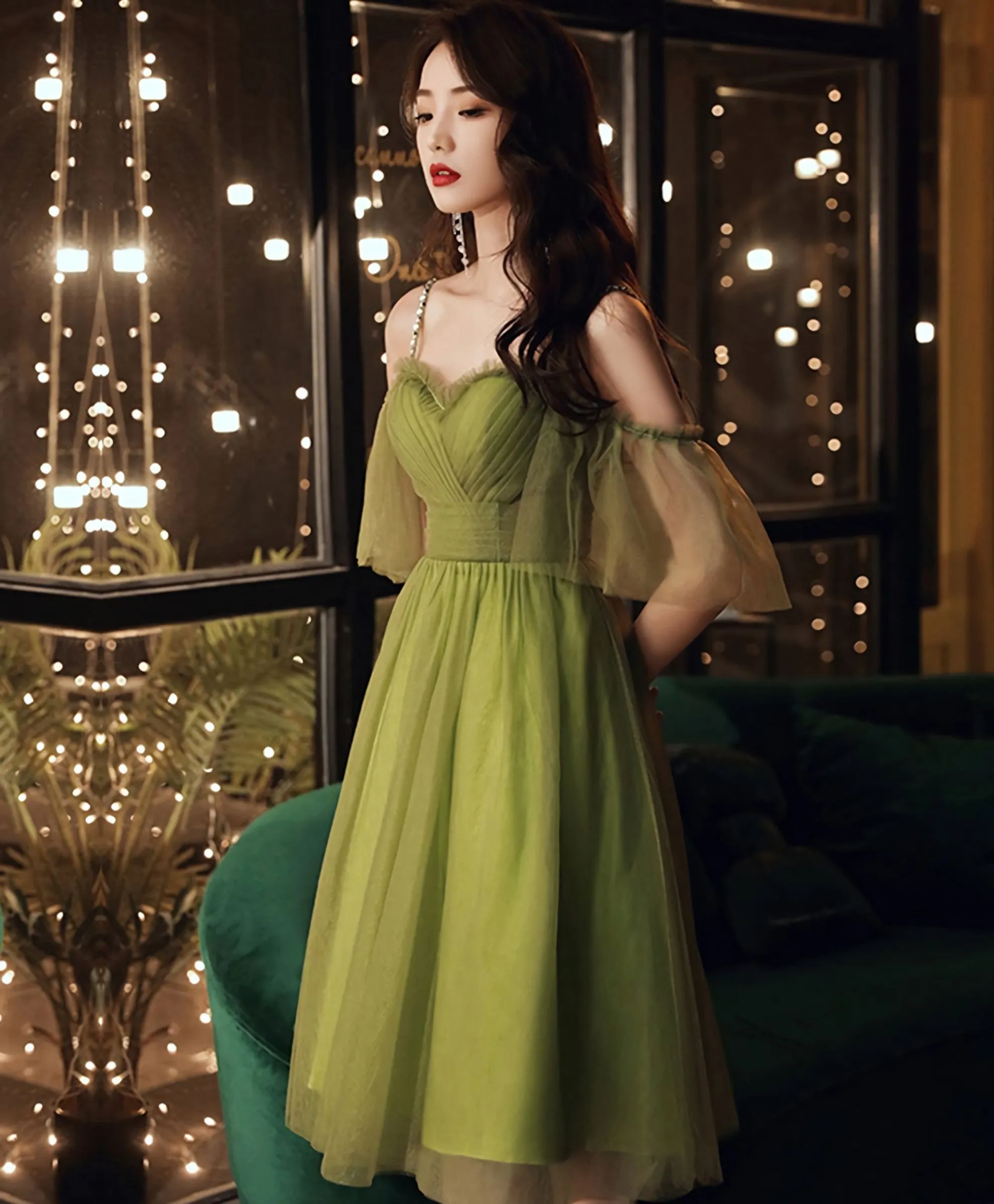 Simple Green Tulle Short Prom Dress Green Evening Dress