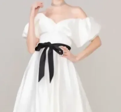 Simple Short Black Belt Tea-Length Off the Shoulder A-Line Beach Bridal Dress