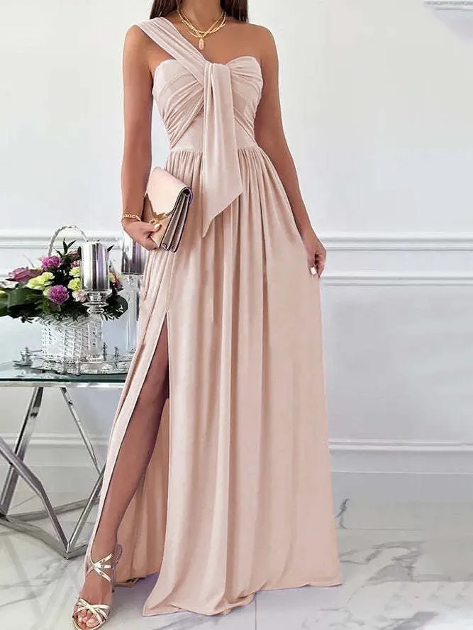 Simple Sleeveless Off Shoulder Slit Dress