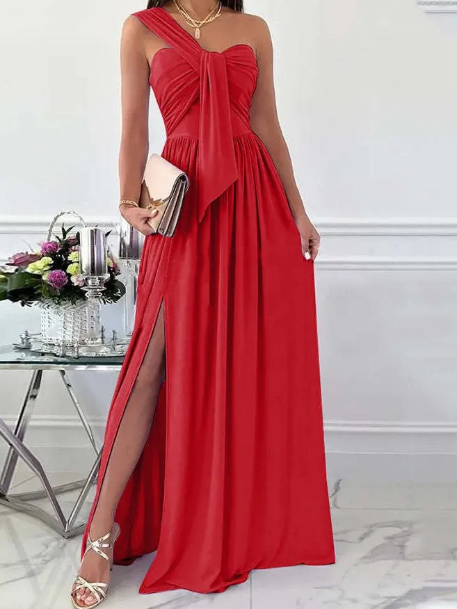 Simple Sleeveless Off Shoulder Slit Dress