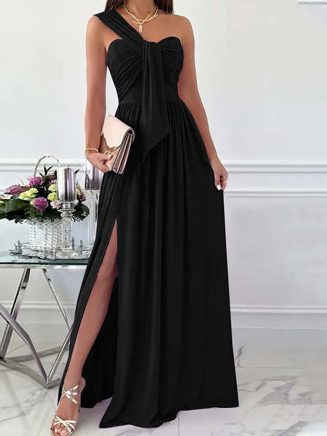 Simple Sleeveless Off Shoulder Slit Dress