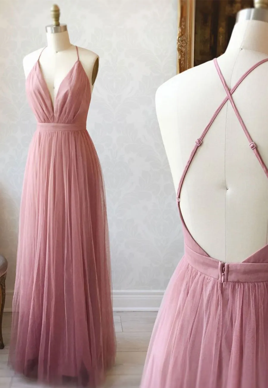 Simple Tulle Long Prom Dress A Line Backless Evening Dress