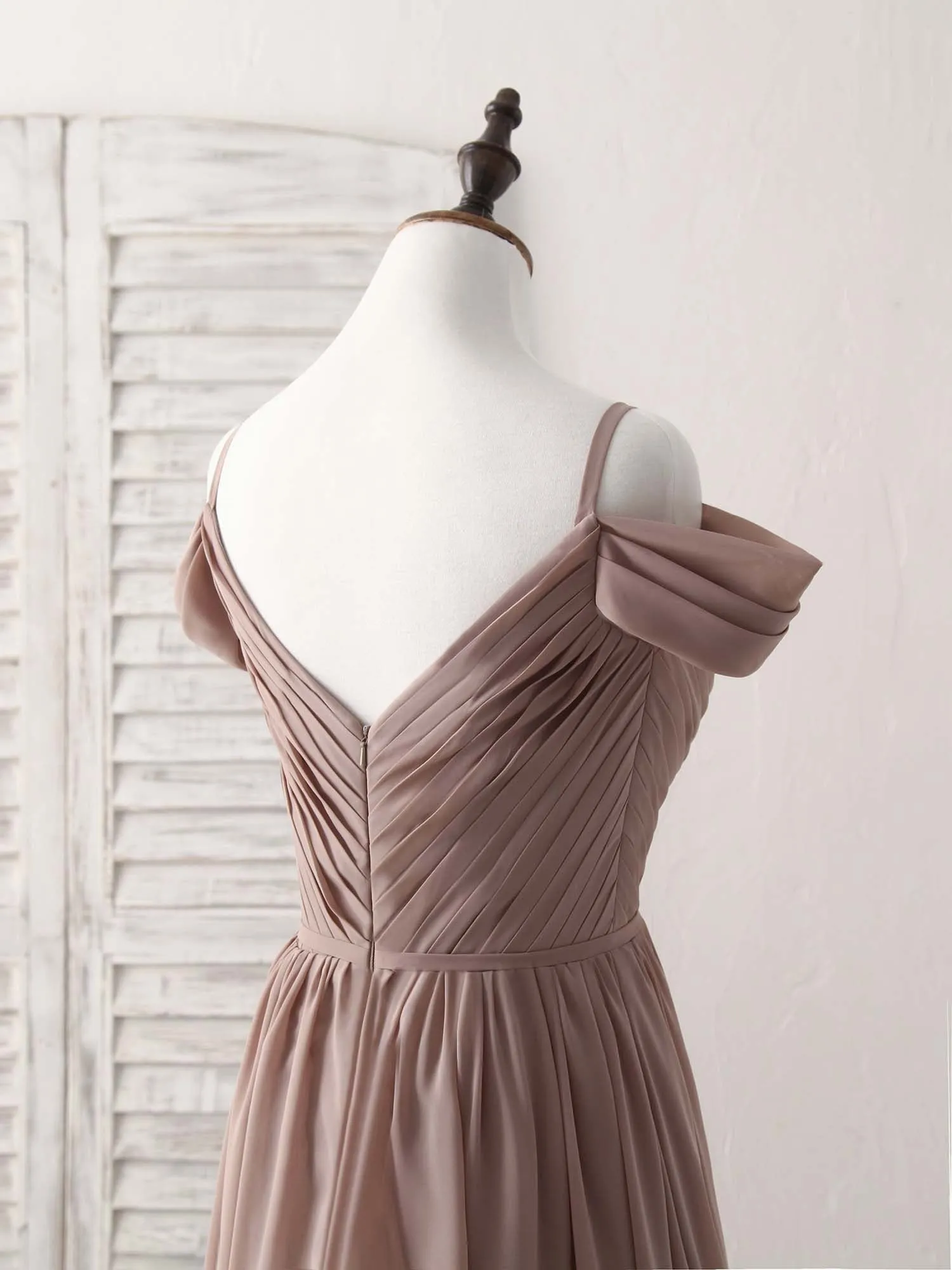 Simple V Neck Dark Champagne Chiffon Long Prom Dress, Bridesmaid Dress