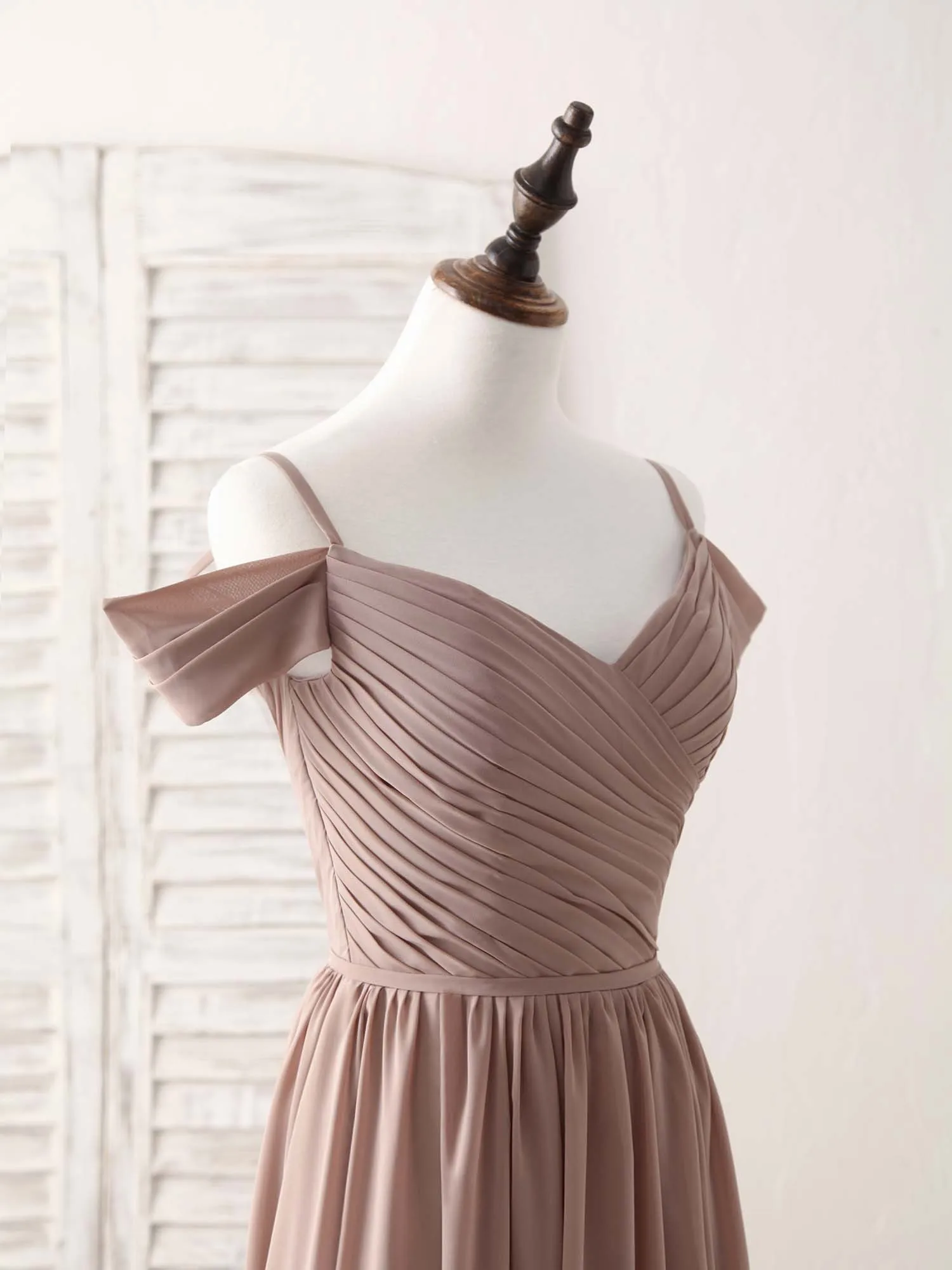 Simple V Neck Dark Champagne Chiffon Long Prom Dress, Bridesmaid Dress