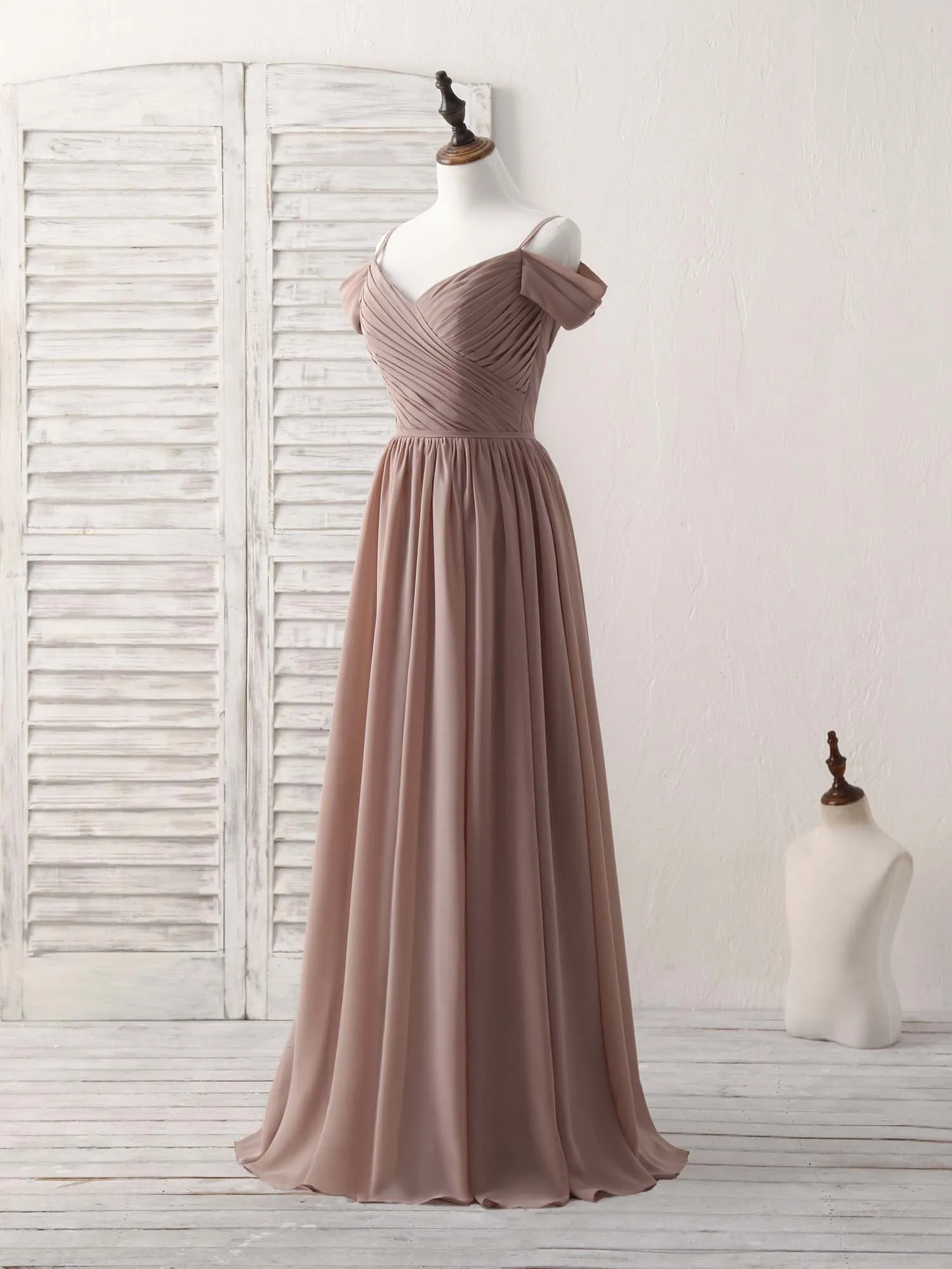 Simple V Neck Dark Champagne Chiffon Long Prom Dress, Bridesmaid Dress