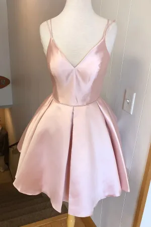 Simple V Neck Straps Short Pink Homecoming Dress Backless Satin Sweet 16 Dresses