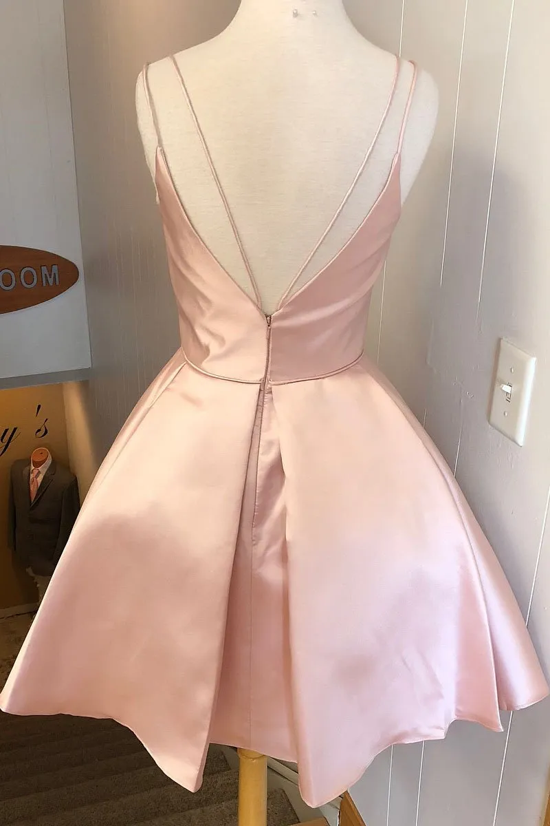 Simple V Neck Straps Short Pink Homecoming Dress Backless Satin Sweet 16 Dresses