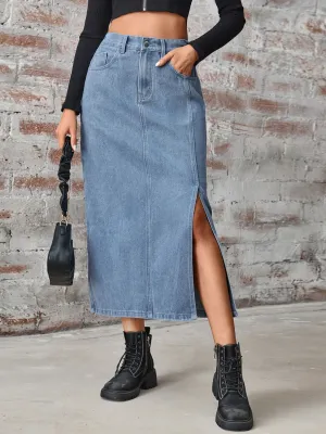 Slit High Waist Denim Skirt with Pockets