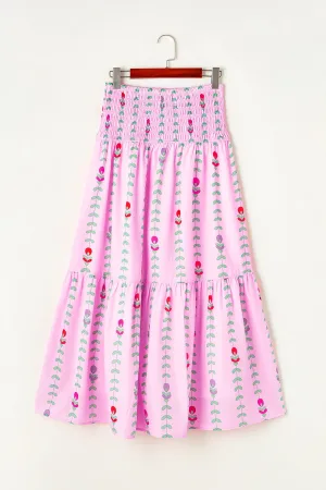 Smocked Printed High Waist Skirt