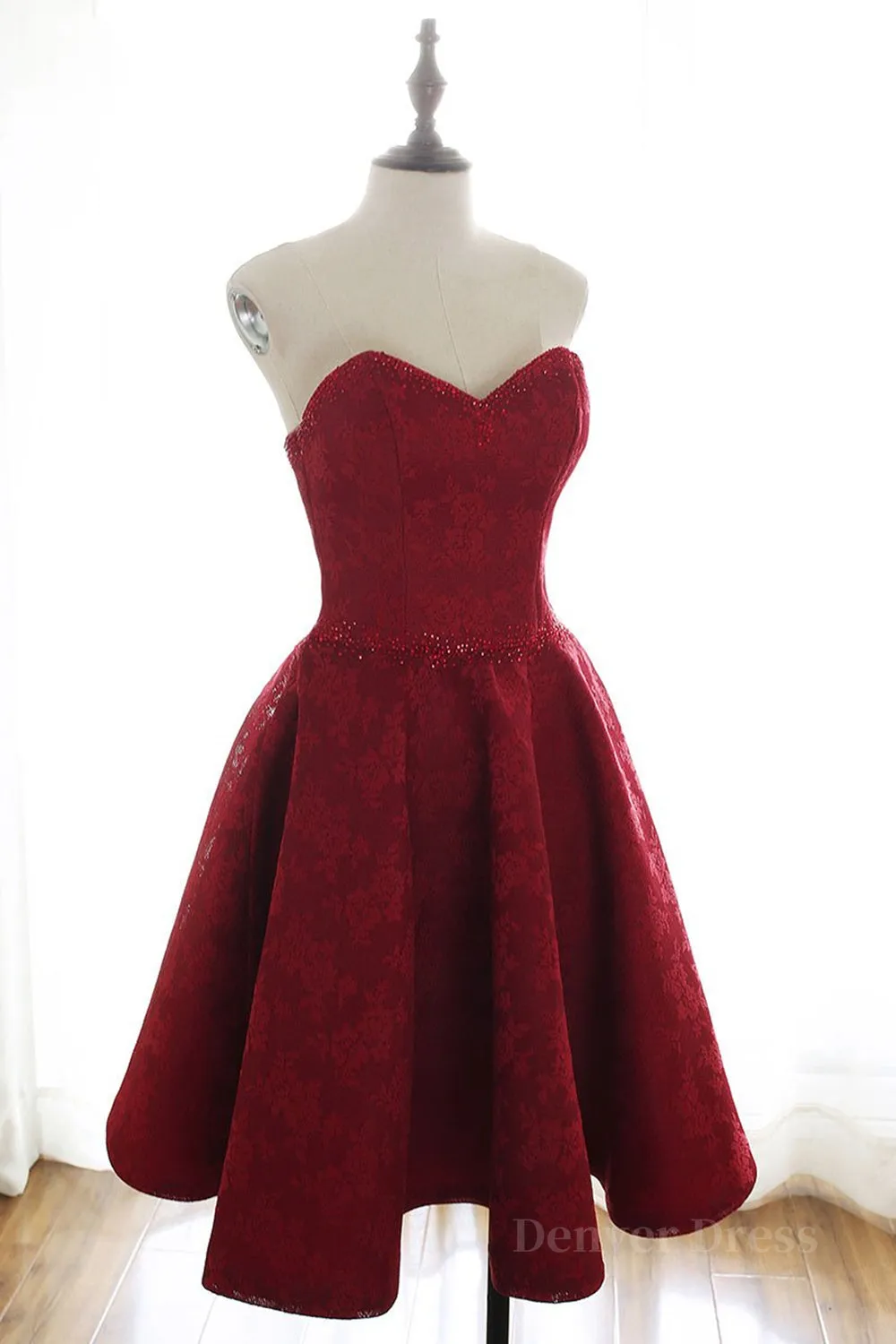 Strapless Backless Burgundy Lace Short Prom Dress Short Burgundy Lace Homecoming Dress