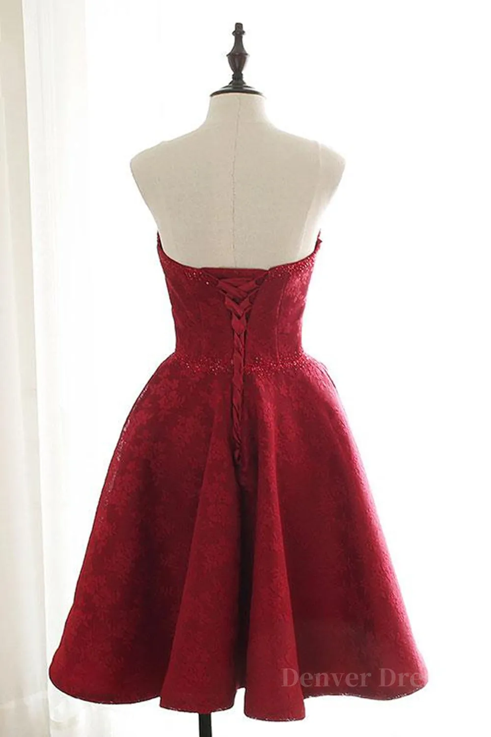 Strapless Backless Burgundy Lace Short Prom Dress Short Burgundy Lace Homecoming Dress