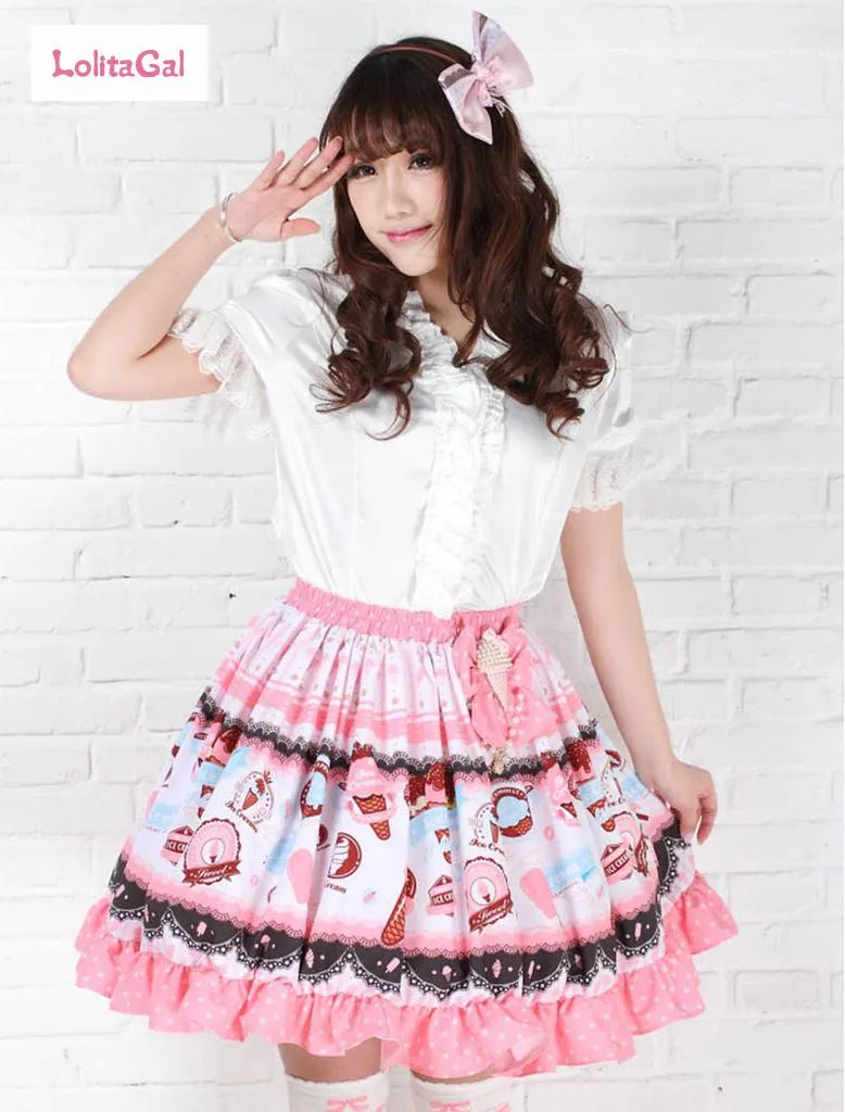 Strawberry & Icecream Printed Short Skirt Sweet Elastic Waist A line Lolita Skirt