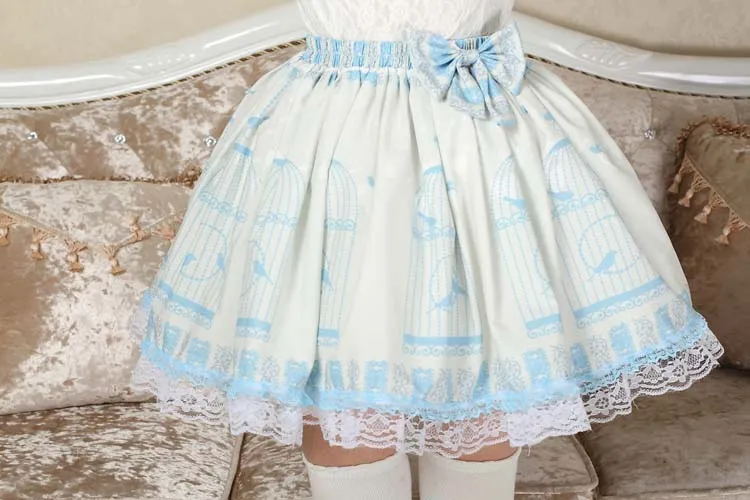 Sweet Lolita Princess Nightingale in Cage Printed Light Sky Blue A line Skirt with Lace Trim and Bow