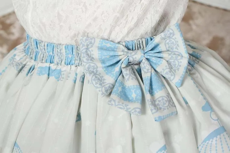 Sweet Lolita Princess Nightingale in Cage Printed Light Sky Blue A line Skirt with Lace Trim and Bow