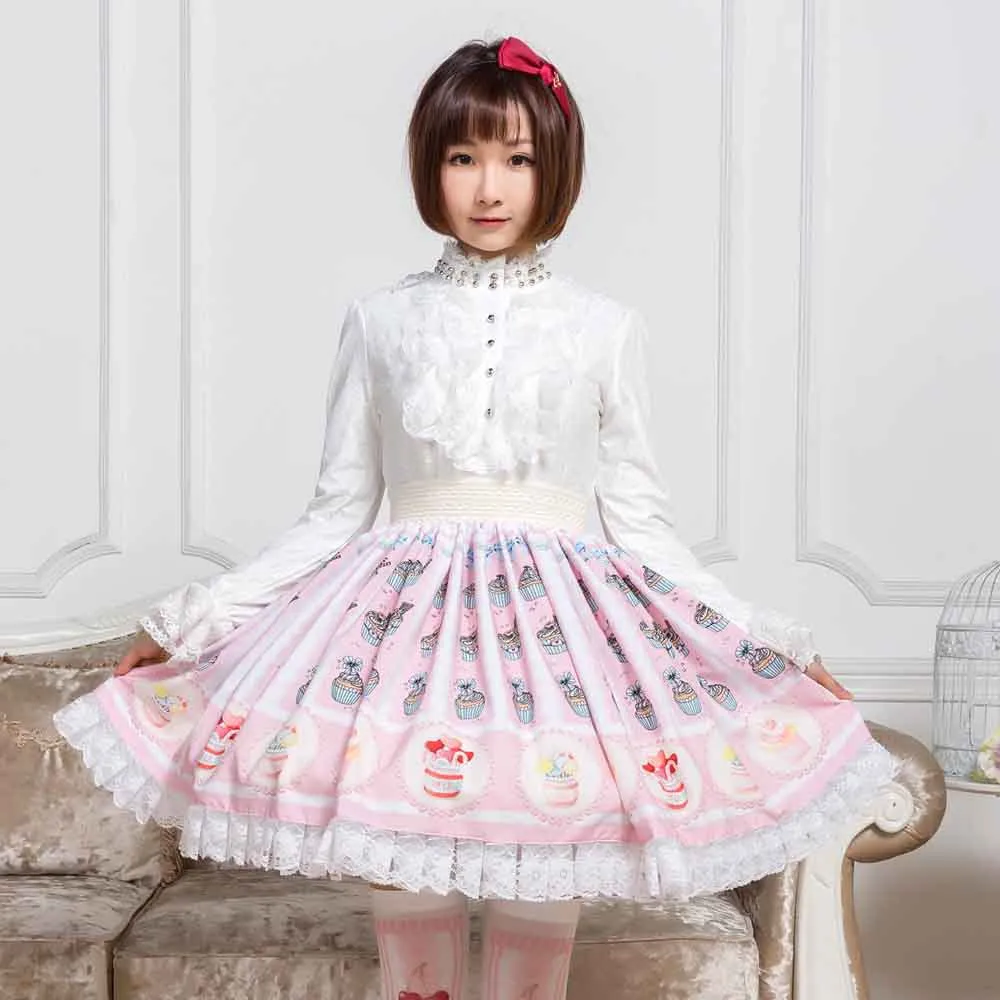 Sweet Pink Cup Cake Printed Short Skirt Kawaii Mori Girl A line Skirt for Women