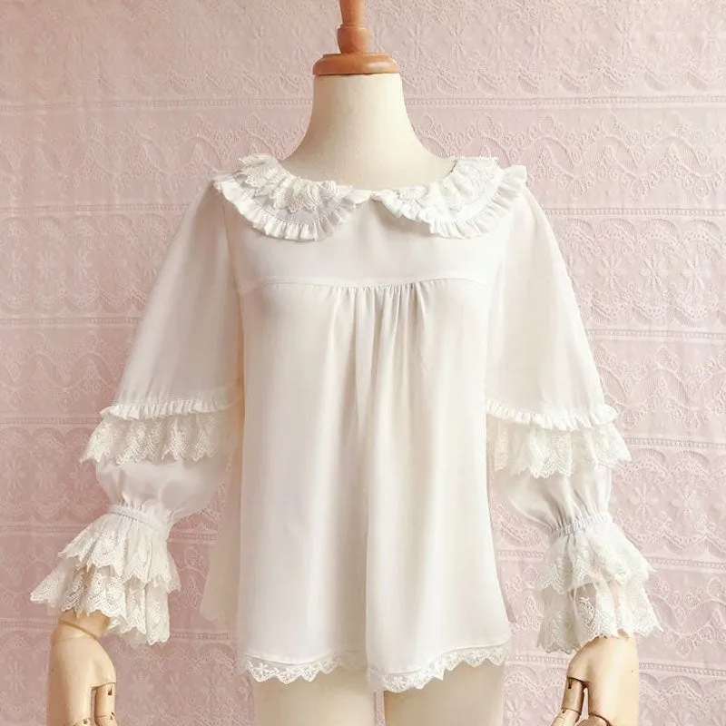 Sweet Women's Loose Chiffon Top Peter Pan Collar Lantern Sleeve Blouse