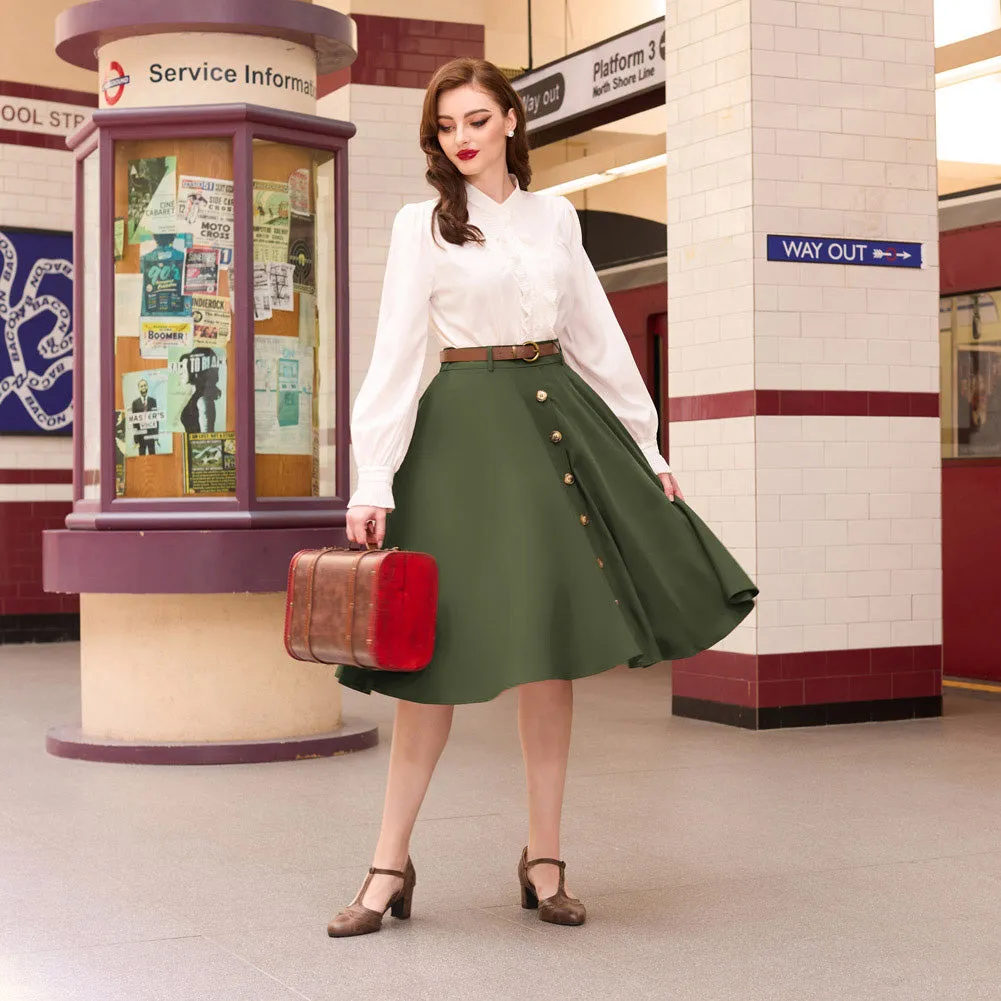 Swing Skirt with Belt Elastic High Waist Buttons Decorated Skirt